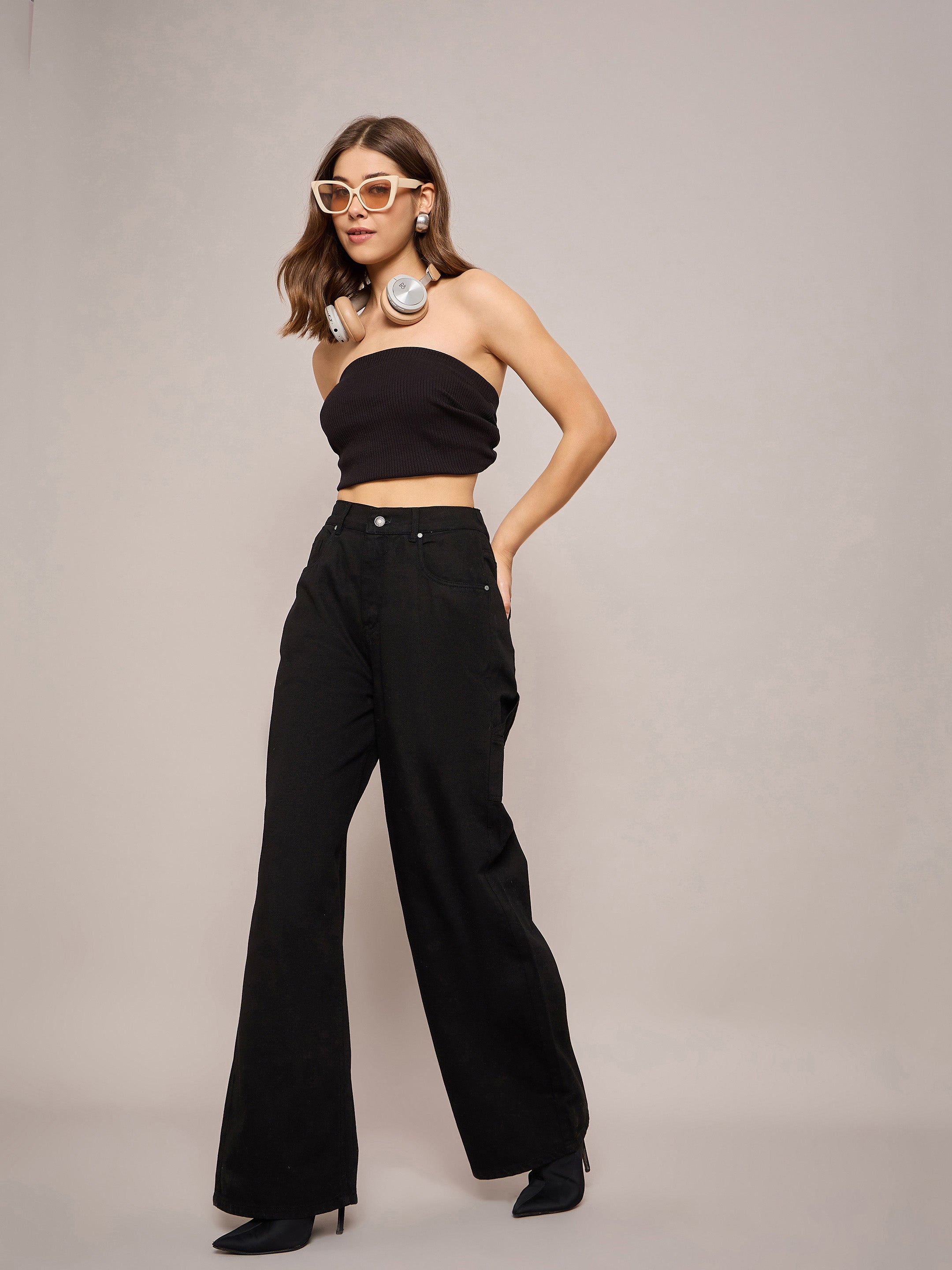 Women Black Elasticated High Waist Back Pocket Jeans-SFJEAN0630