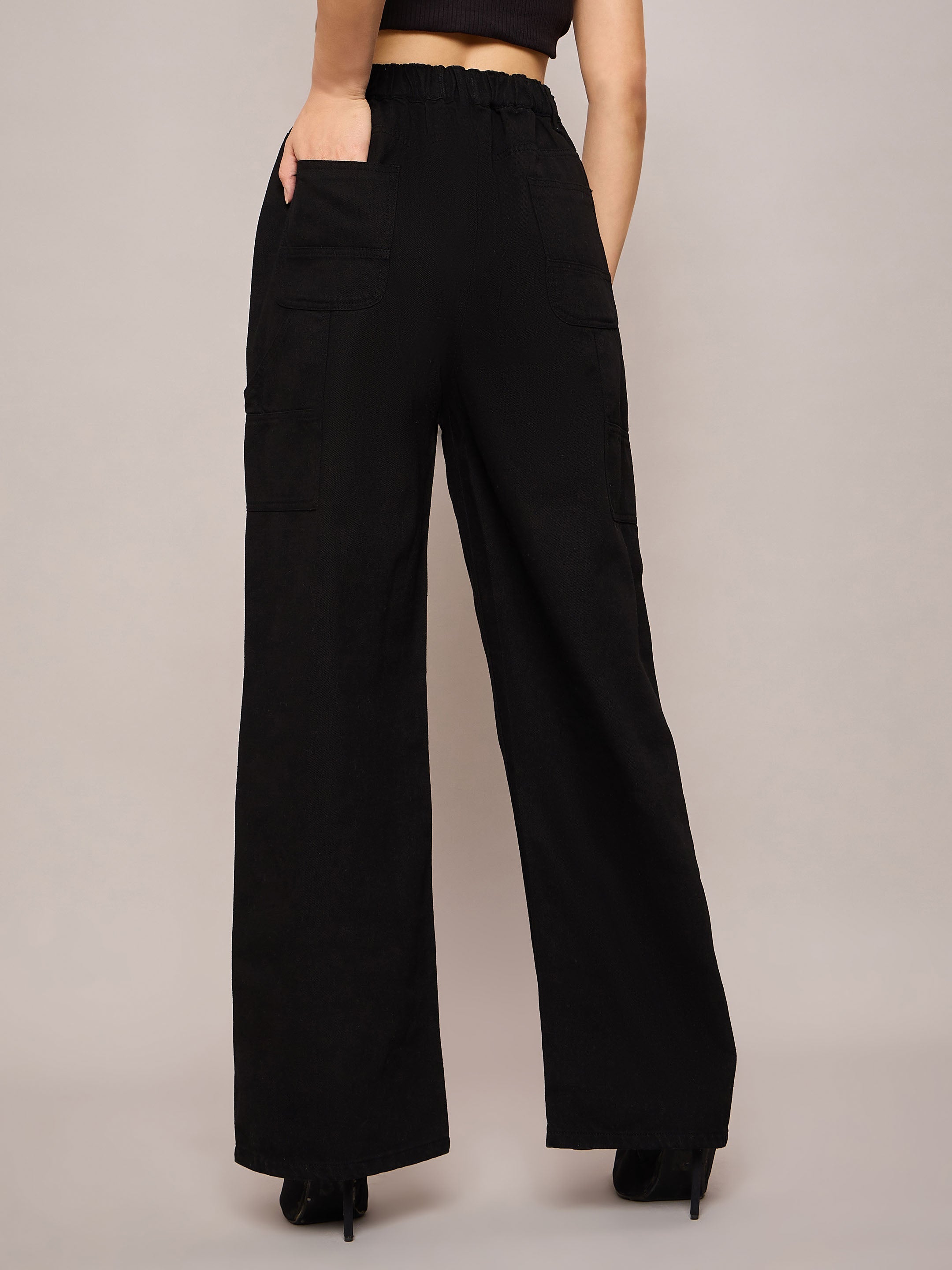 Women Black Elasticated High Waist Back Pocket Jeans-SFJEAN0630