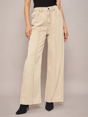 Women Beige Waist Front Dart Straight Jeans-SFJEAN0635