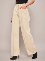 Women Beige Waist Front Dart Straight Jeans-SFJEAN0635