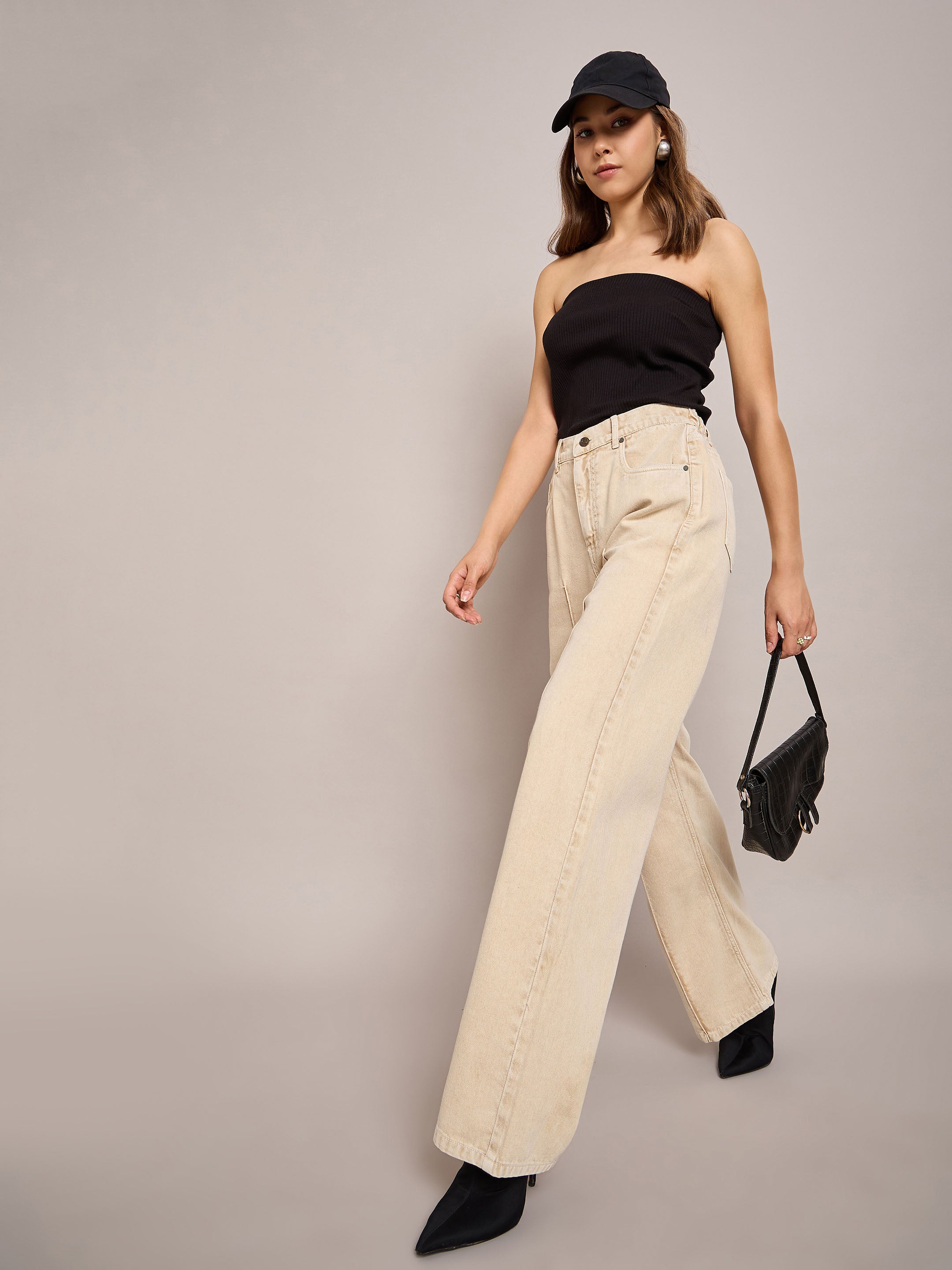 Women Beige Waist Front Dart Straight Jeans-SFJEAN0635