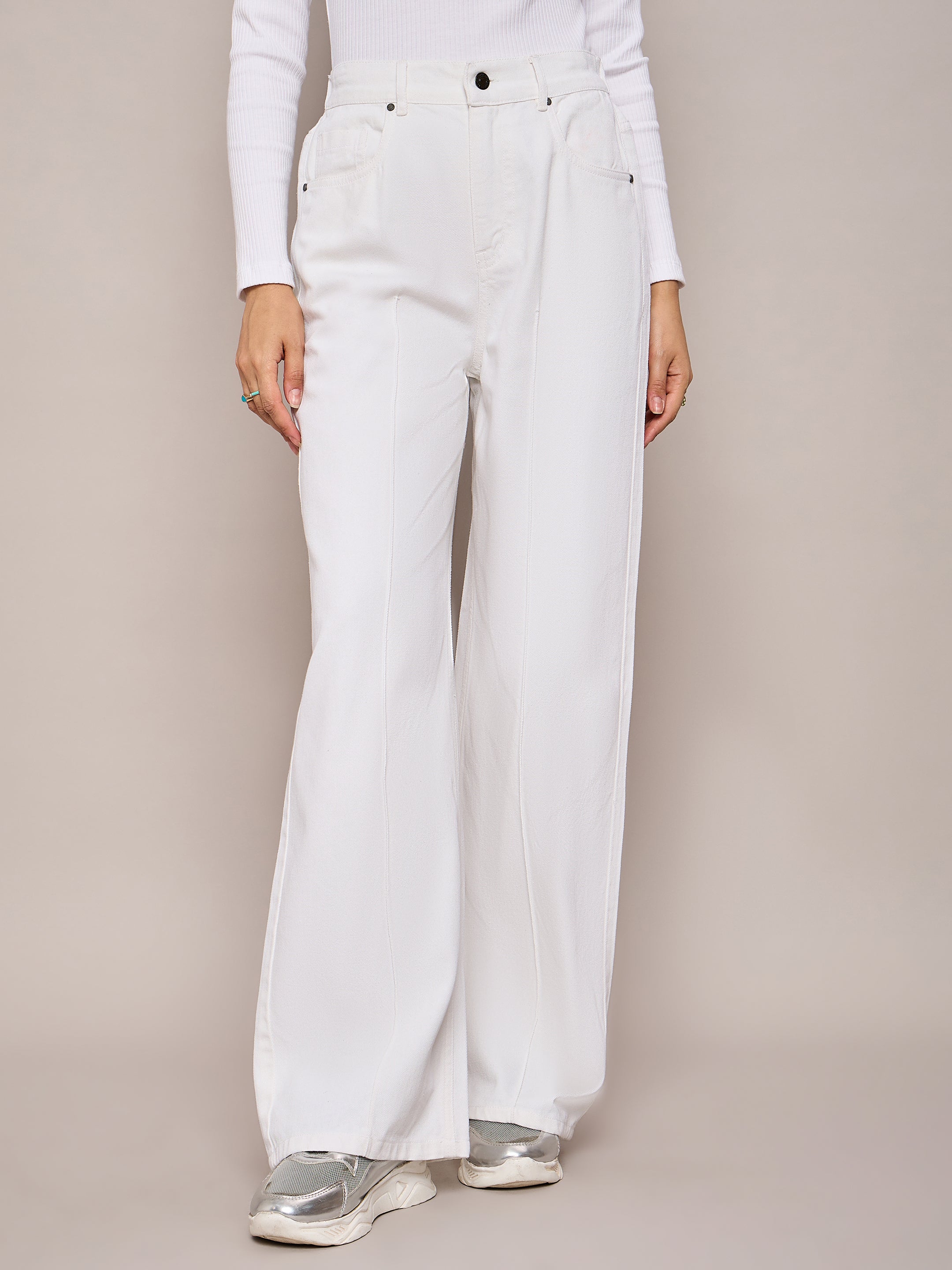 Women White High Waist Front Dart Straight Jeans-SFJEAN0636