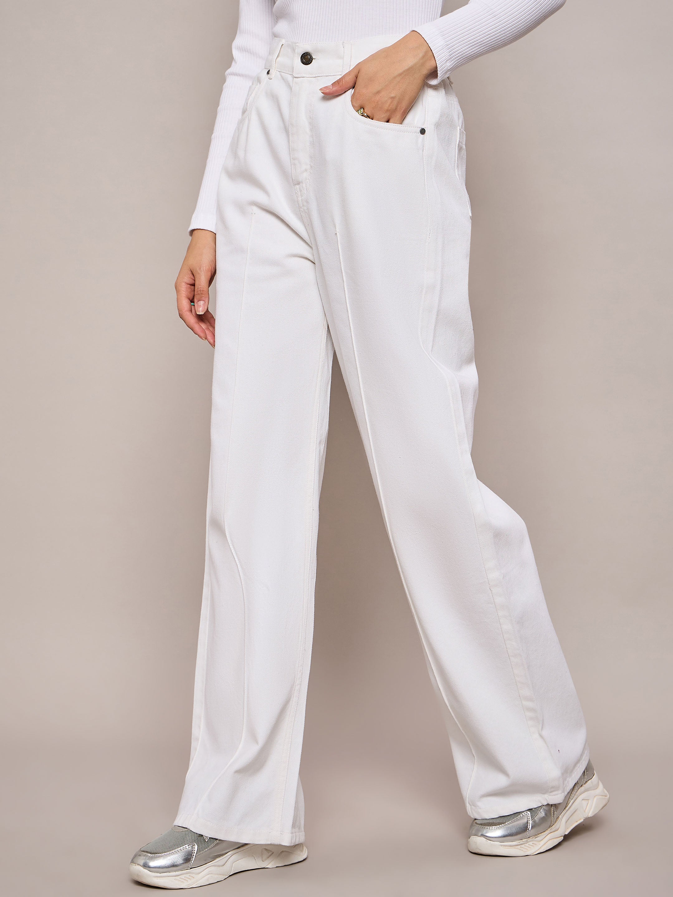 Women White High Waist Front Dart Straight Jeans-SFJEAN0636