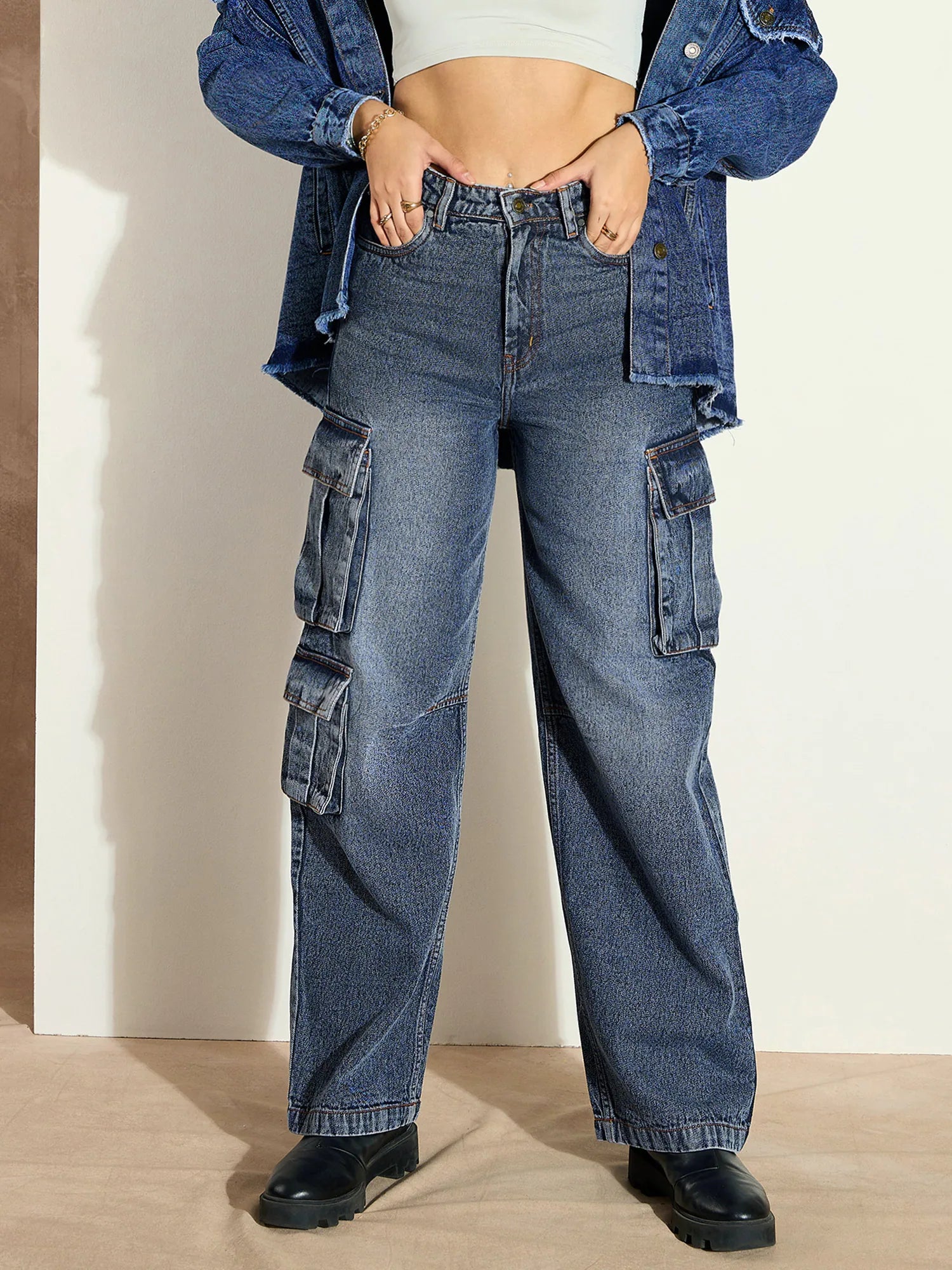 Blue Denim Cargo Jeans | Lehenga for Women | Party Wear