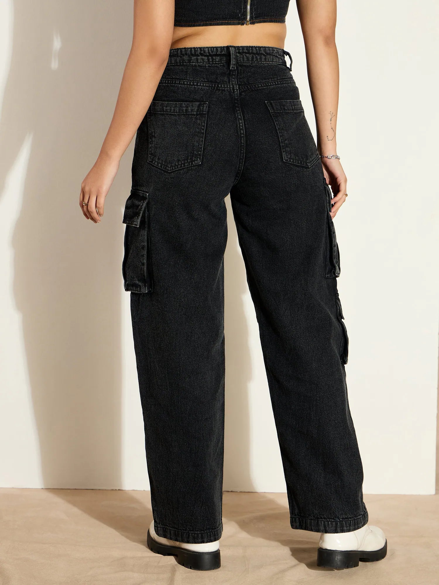 Black Washed Denim Cargo Jeans - Women's Comfort Fit Cotton Jeans