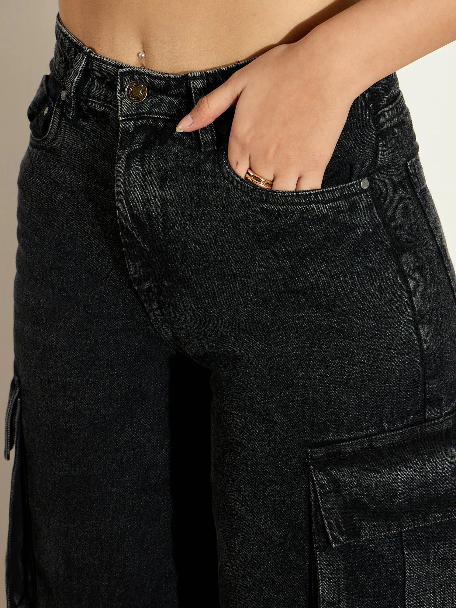 Black Washed Denim Cargo Jeans - Women's Comfort Fit Cotton Jeans