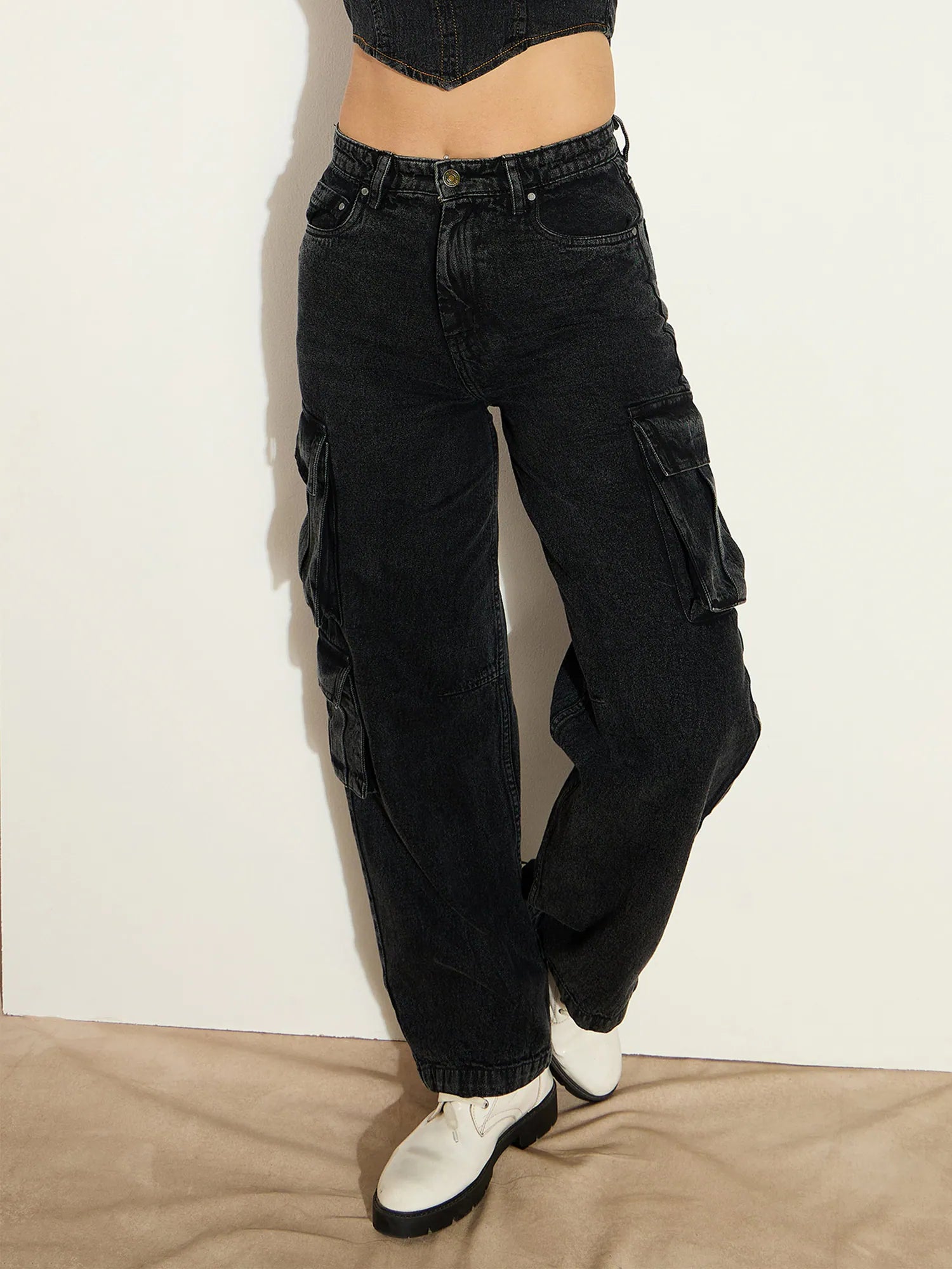 Black Washed Denim Cargo Jeans - Women's Comfort Fit Cotton Jeans