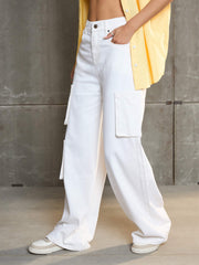 Women White Box Pocket Straight Premium Jeans-SFJEAN0655-White