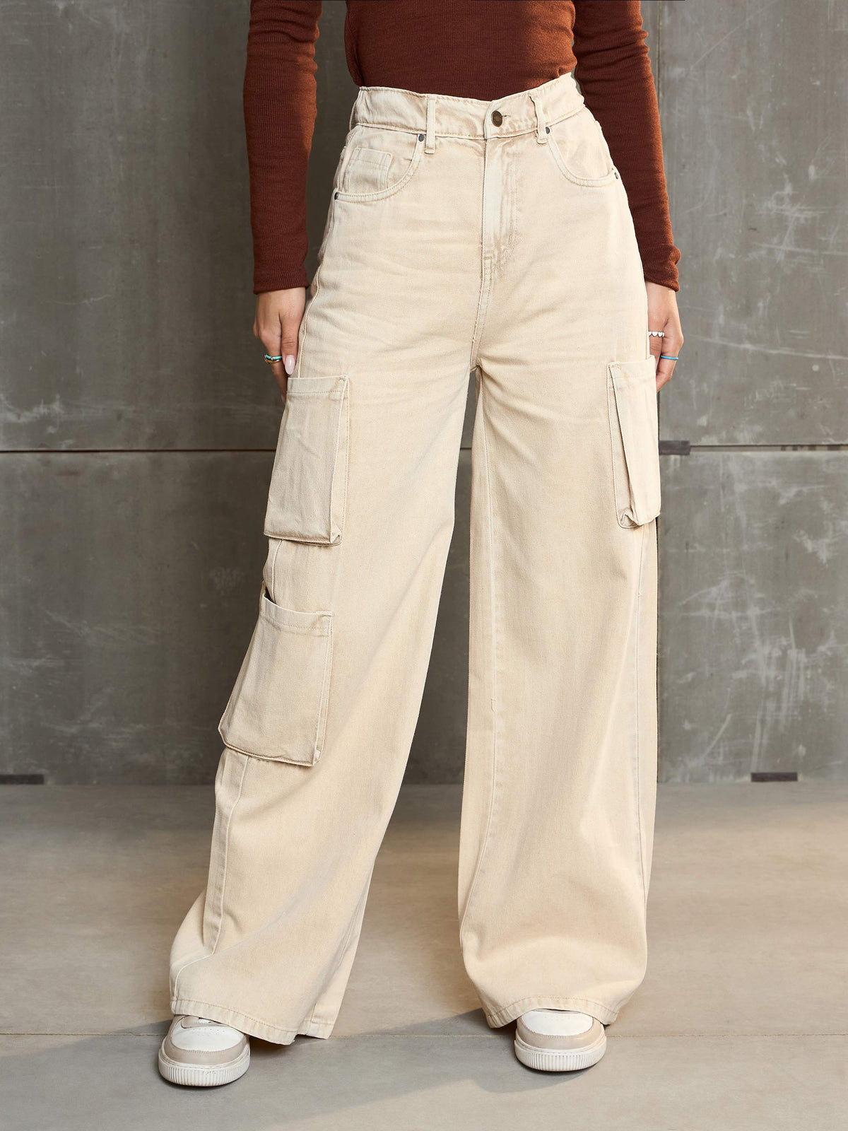 Women Beige Box Pocket Straight Premium Jeans-SFJEAN0656-Beige