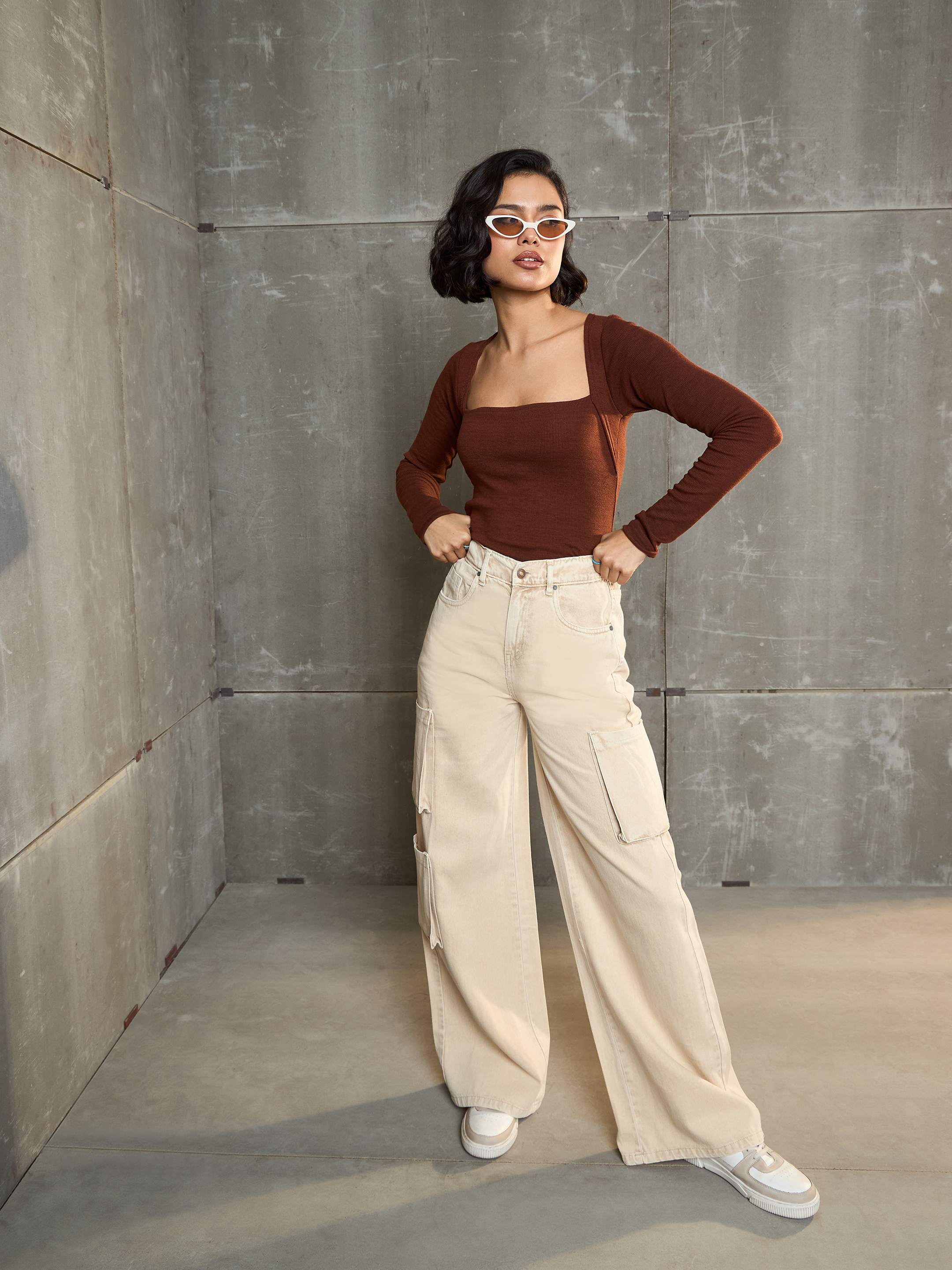Women Beige Box Pocket Straight Premium Jeans-SFJEAN0656-Beige
