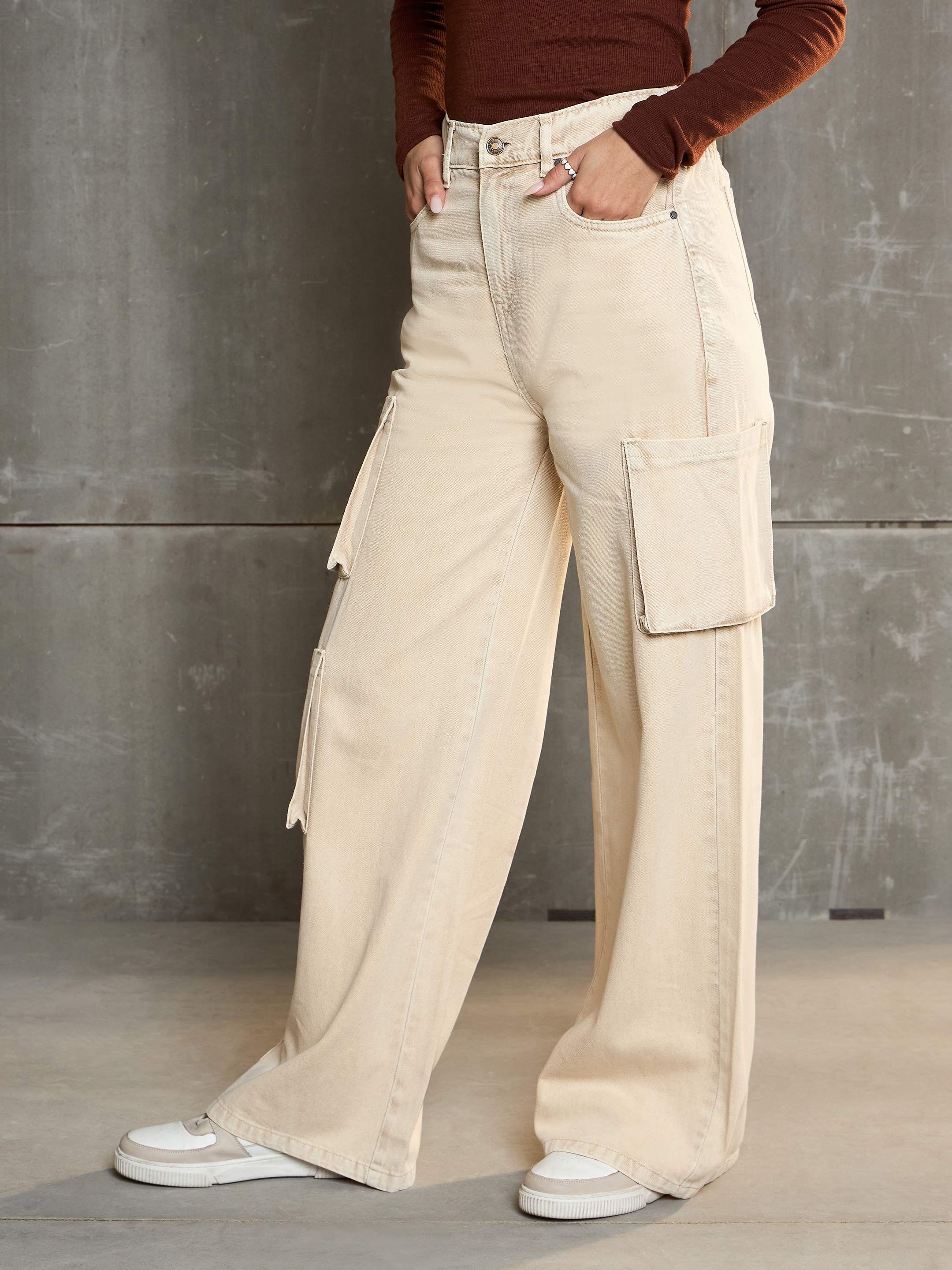 Women Beige Box Pocket Straight Premium Jeans-SFJEAN0656-Beige