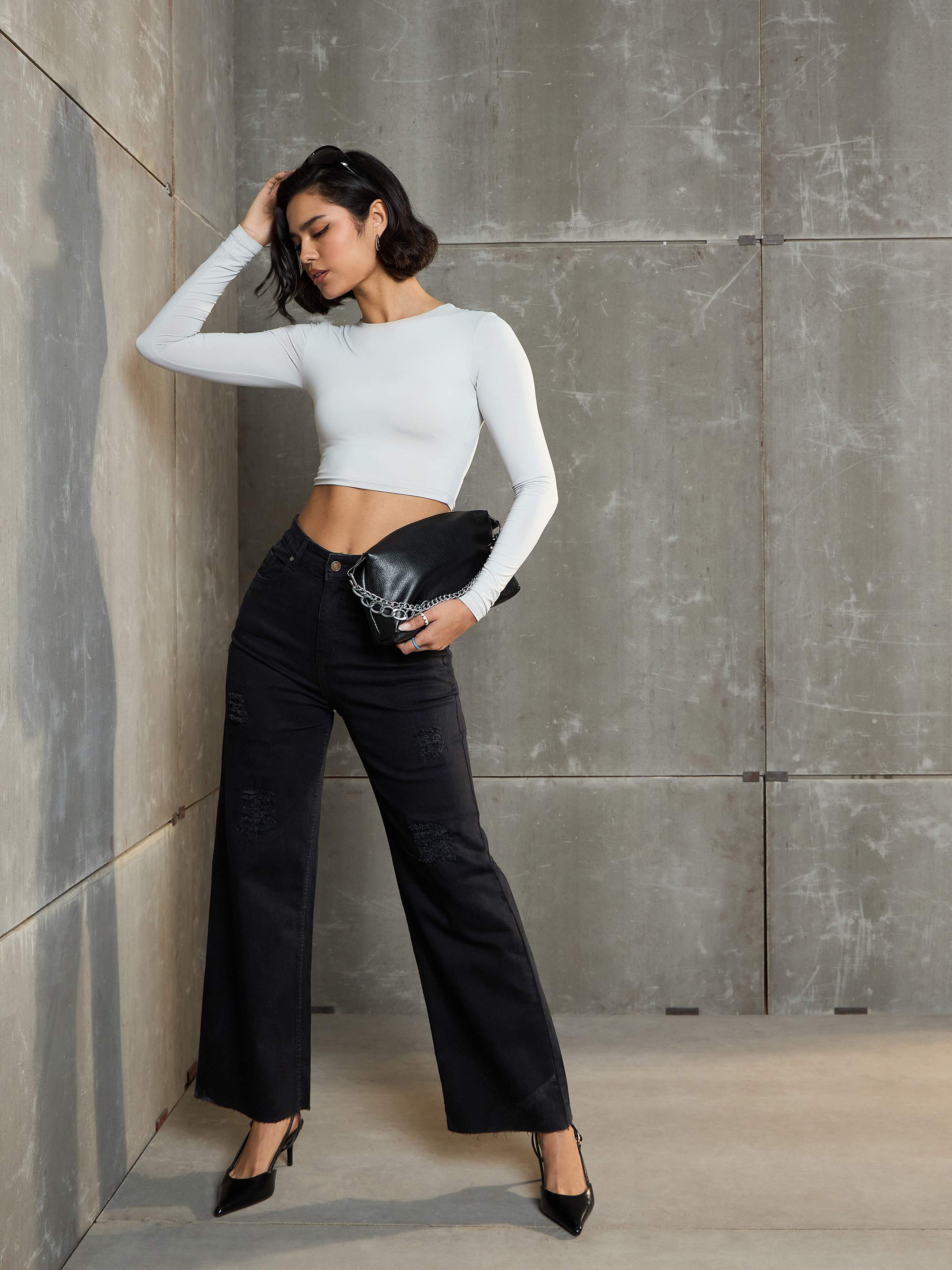 Women Black Denim Premium Front Detail Straight Jeans-SFJEAN0658_Black