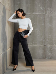 Women Black Denim Premium Front Detail Straight Jeans-SFJEAN0658_Black