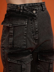 Women Black Washed Cargo Straight Jeans-SFJEAN0661