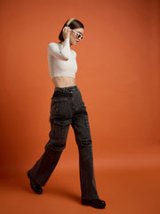 Women Black Washed Cargo Straight Jeans-SFJEAN0661