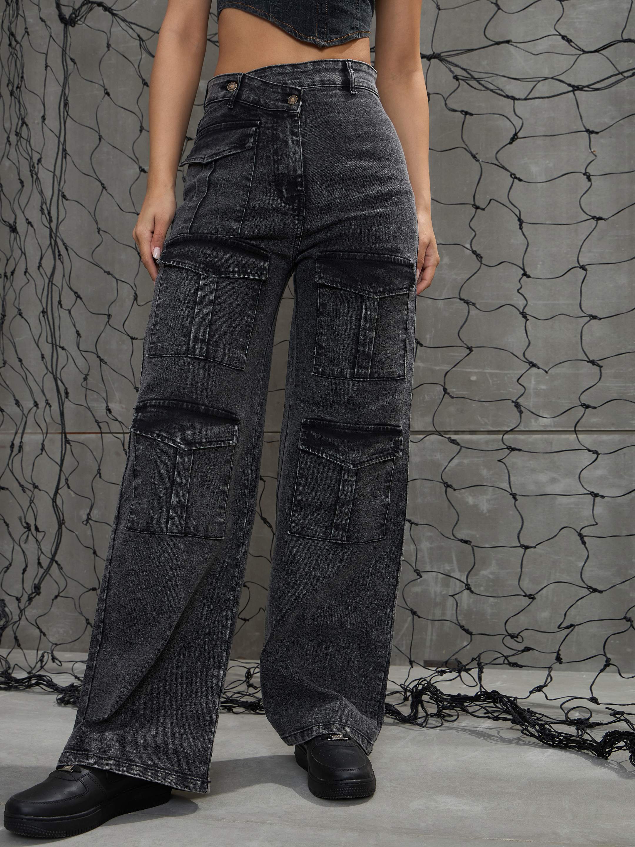 Women Black Washed Cargo Straight Jeans-SFJEAN0661-Black