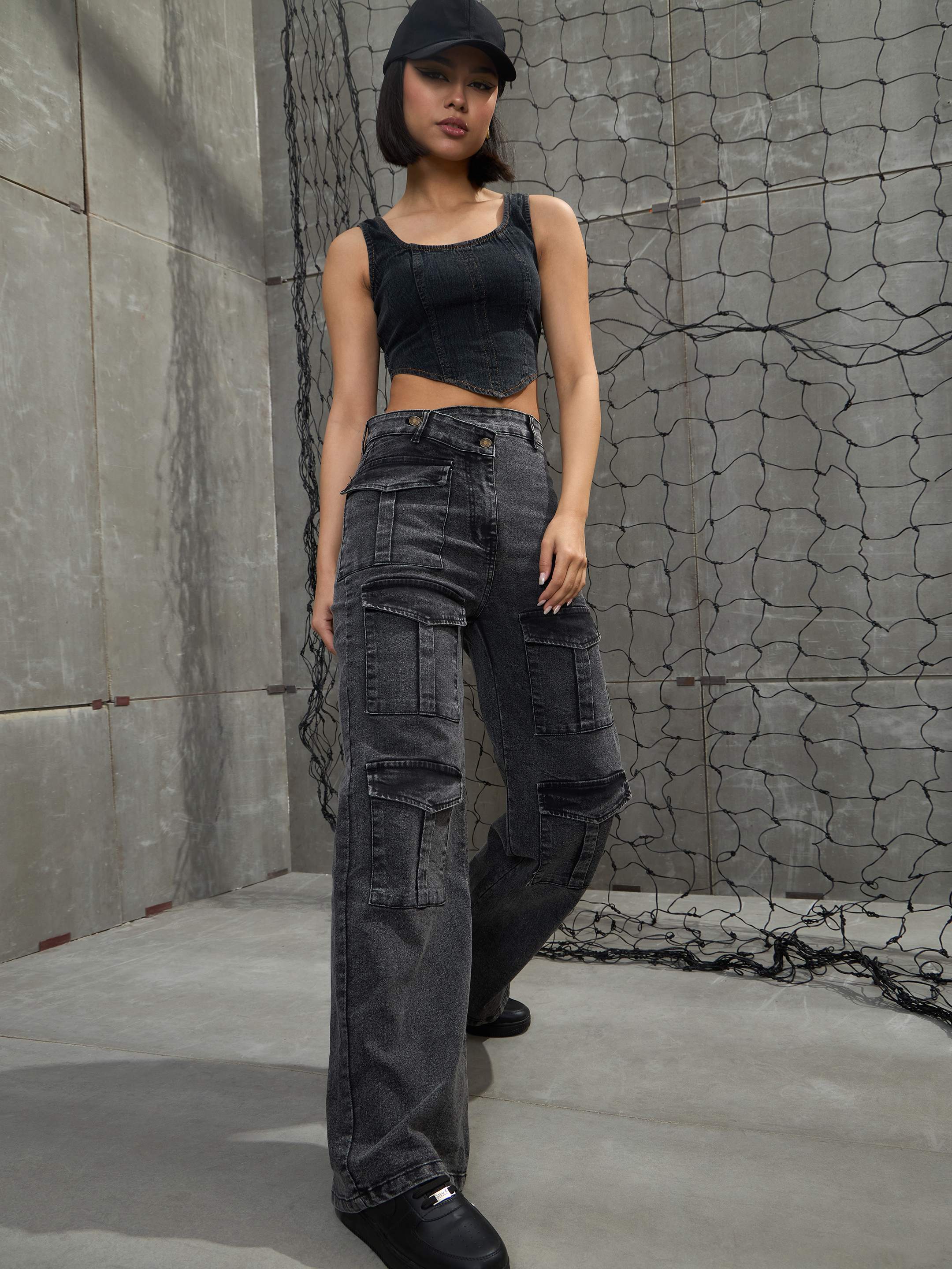 Women Black Washed Cargo Straight Jeans-SFJEAN0661-Black