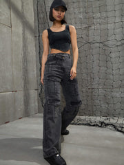 Women Black Washed Cargo Straight Jeans-SFJEAN0661-Black