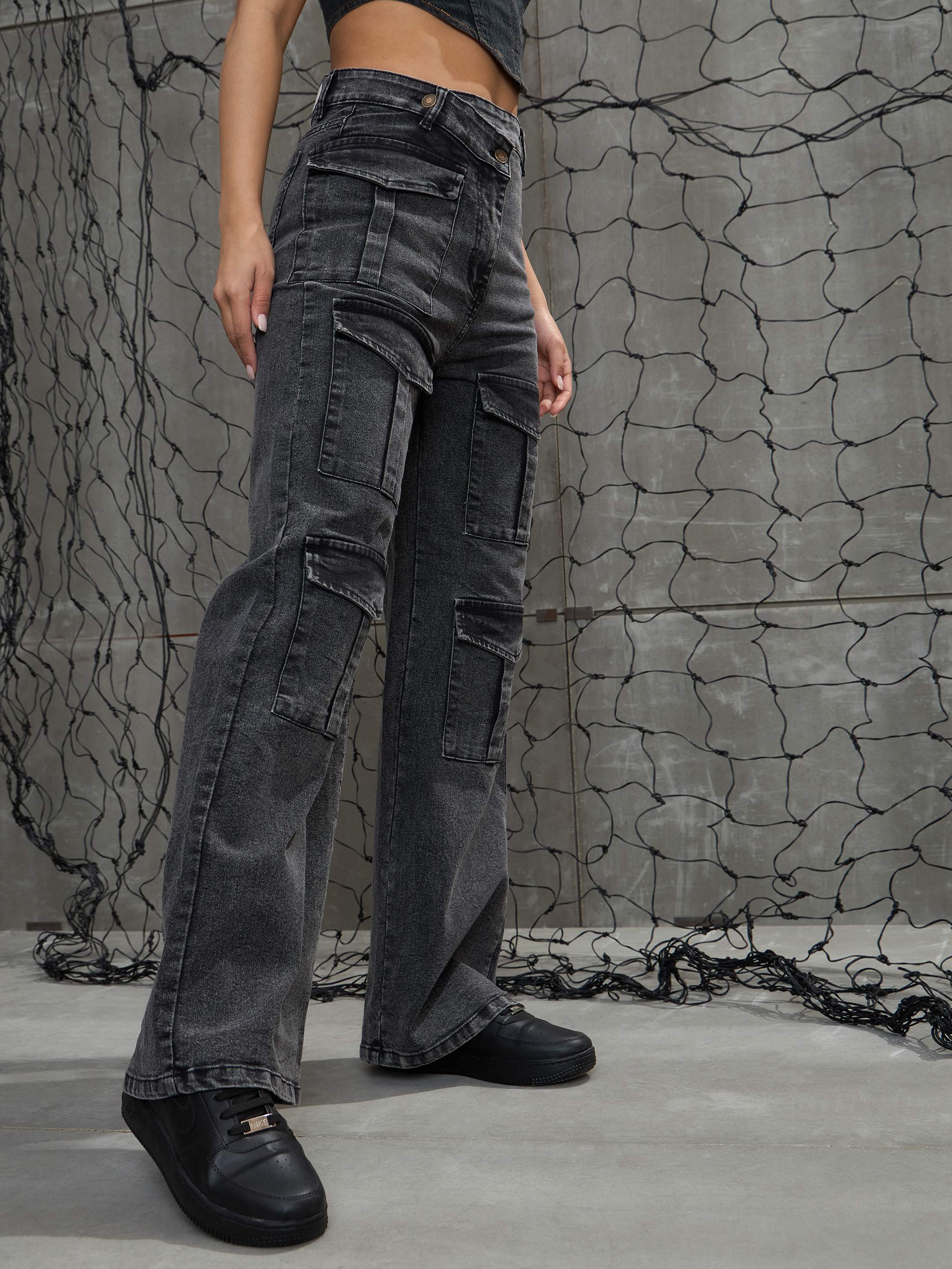 Women Black Washed Cargo Straight Jeans-SFJEAN0661-Black