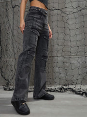 Women Black Washed Cargo Straight Jeans-SFJEAN0661-Black