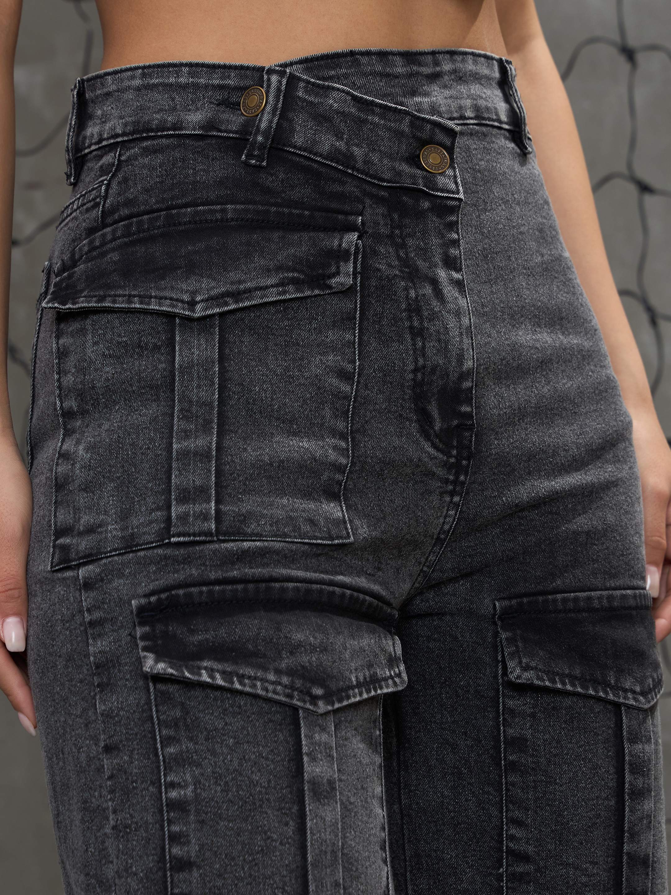 Women Black Washed Cargo Straight Jeans-SFJEAN0661-Black