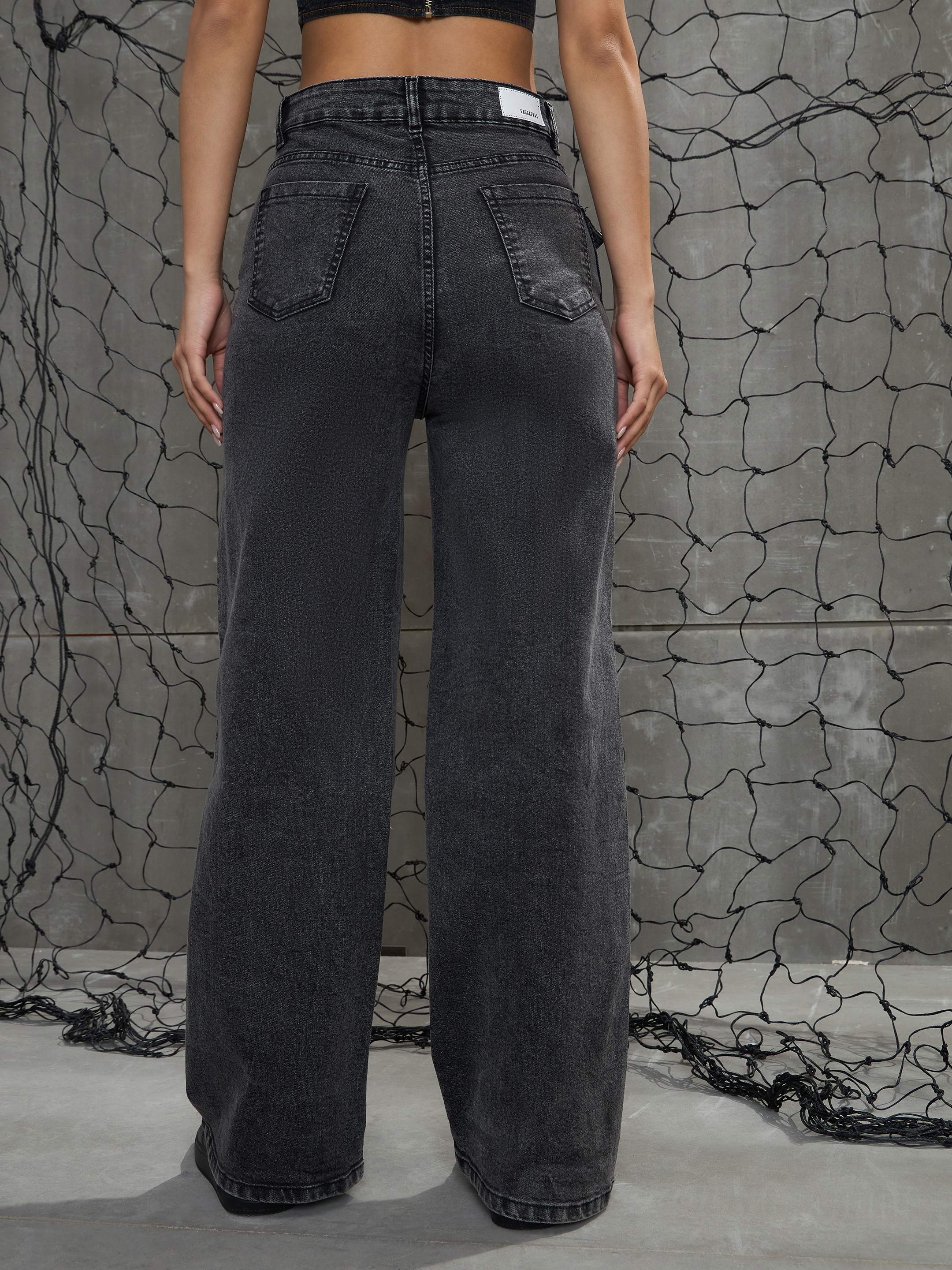 Women Black Washed Cargo Straight Jeans-SFJEAN0661-Black
