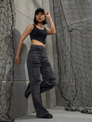 Women Black Washed Cargo Straight Jeans-SFJEAN0661-Black
