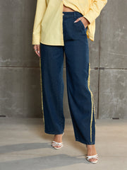 Women Nevy Blue Fringed Straight Fit Jeans-SFJEAN0704