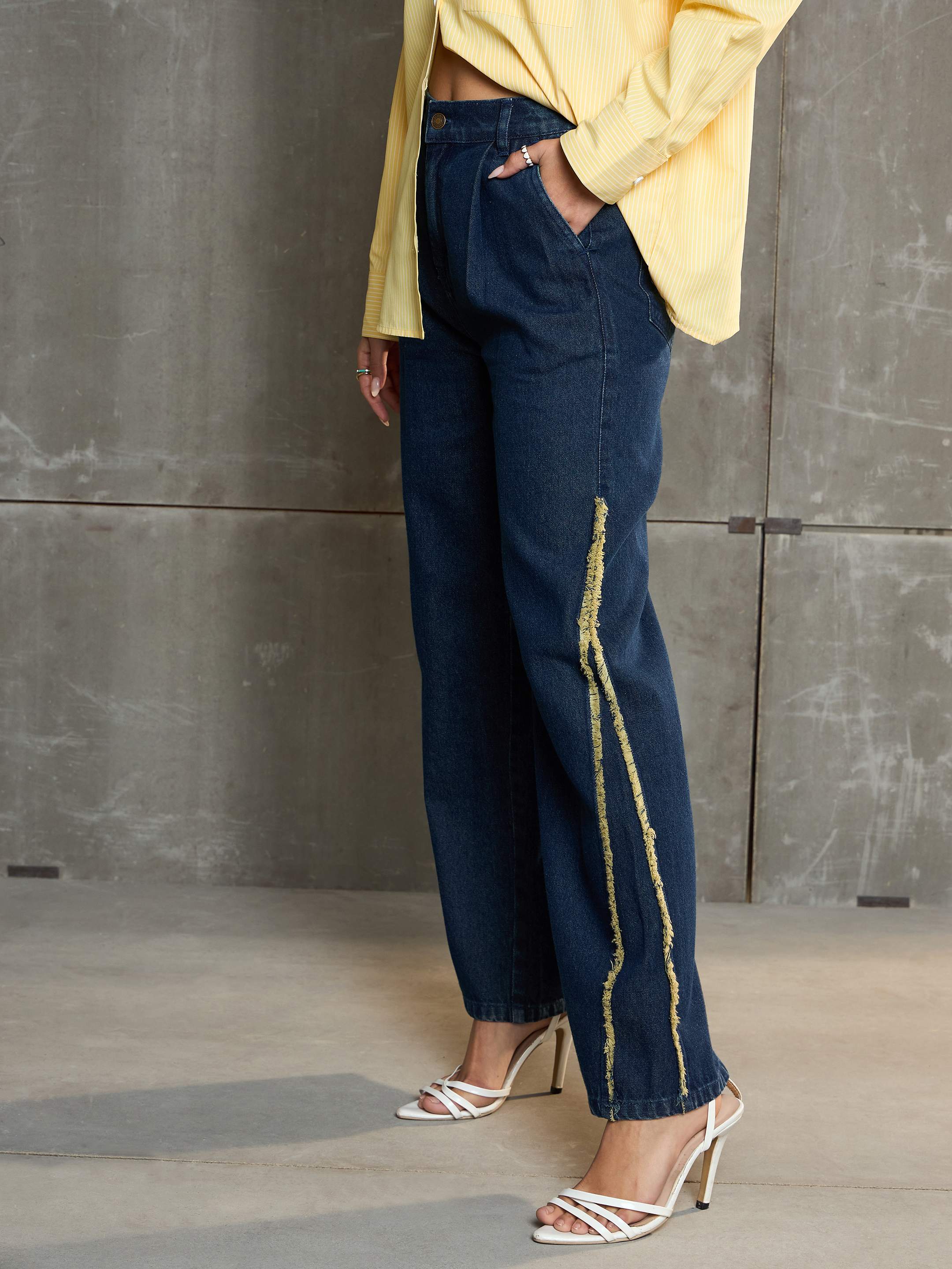 Women Nevy Blue Fringed Straight Fit Jeans-SFJEAN0704