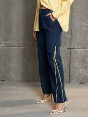 Women Nevy Blue Fringed Straight Fit Jeans-SFJEAN0704