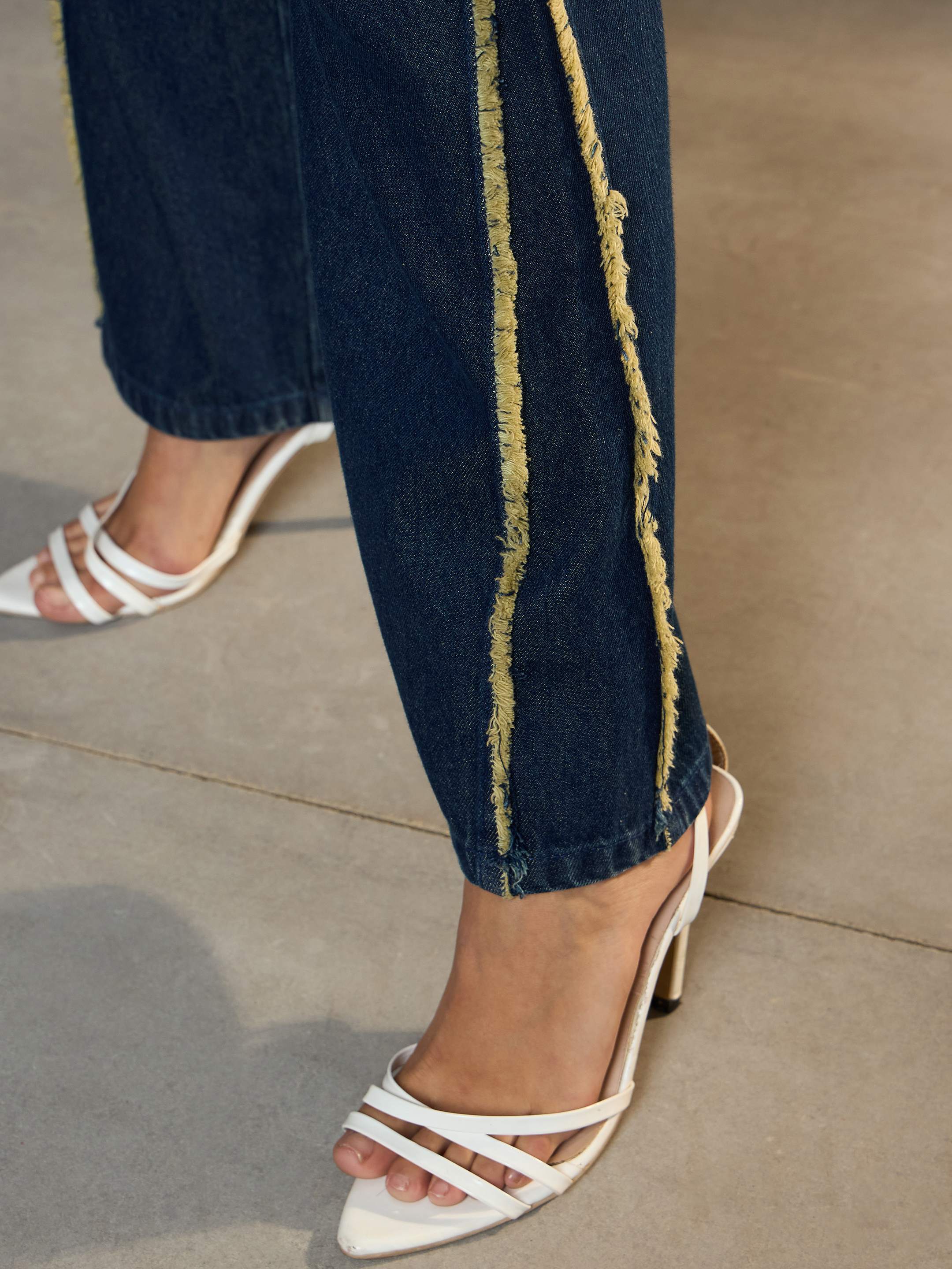 Women Nevy Blue Fringed Straight Fit Jeans-SFJEAN0704