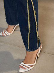 Women Nevy Blue Fringed Straight Fit Jeans-SFJEAN0704
