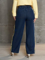 Women Nevy Blue Fringed Straight Fit Jeans-SFJEAN0704