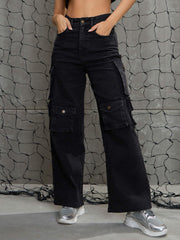 Women Black Washed Denim Multi Pockets Cargo Jeans-SFJEAN0707