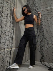 Women Black Washed Denim Multi Pockets Cargo Jeans-SFJEAN0707