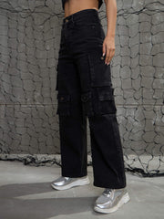 Women Black Washed Denim Multi Pockets Cargo Jeans-SFJEAN0707