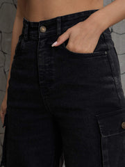 Women Black Washed Denim Multi Pockets Cargo Jeans-SFJEAN0707