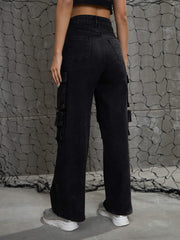 Women Black Washed Denim Multi Pockets Cargo Jeans-SFJEAN0707