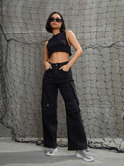 Women Black Washed Denim Multi Pockets Cargo Jeans-SFJEAN0707