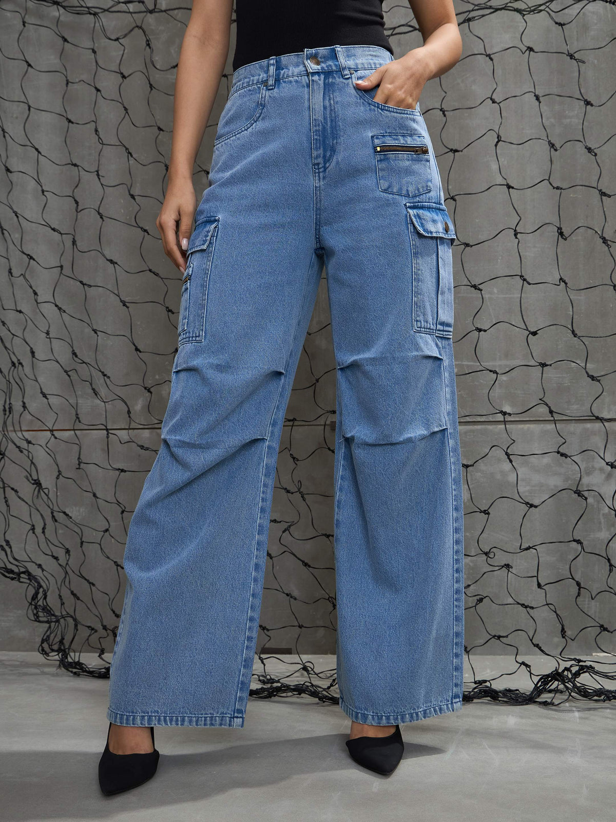 Women Blue Denim Pleated Knee Cargo Jeans-SFJEAN0708