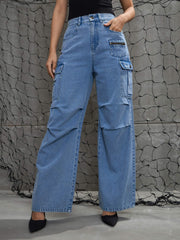 Women Blue Denim Pleated Knee Cargo Jeans-SFJEAN0708