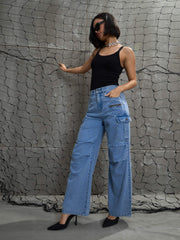 Women Blue Denim Pleated Knee Cargo Jeans-SFJEAN0708