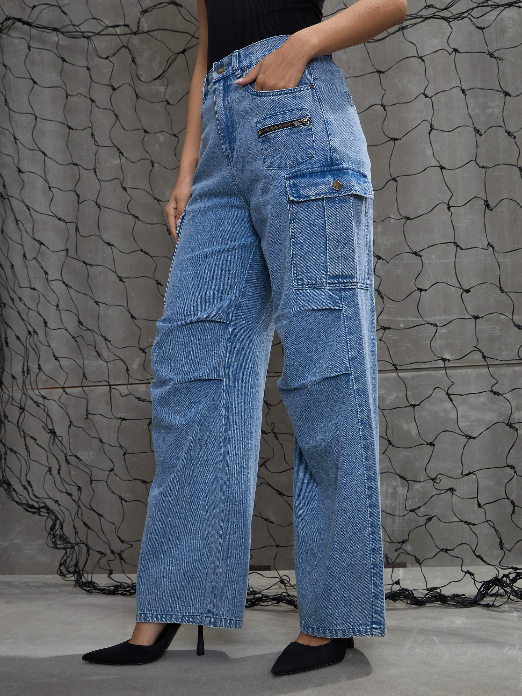Women Blue Denim Pleated Knee Cargo Jeans-SFJEAN0708
