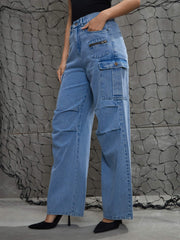 Women Blue Denim Pleated Knee Cargo Jeans-SFJEAN0708