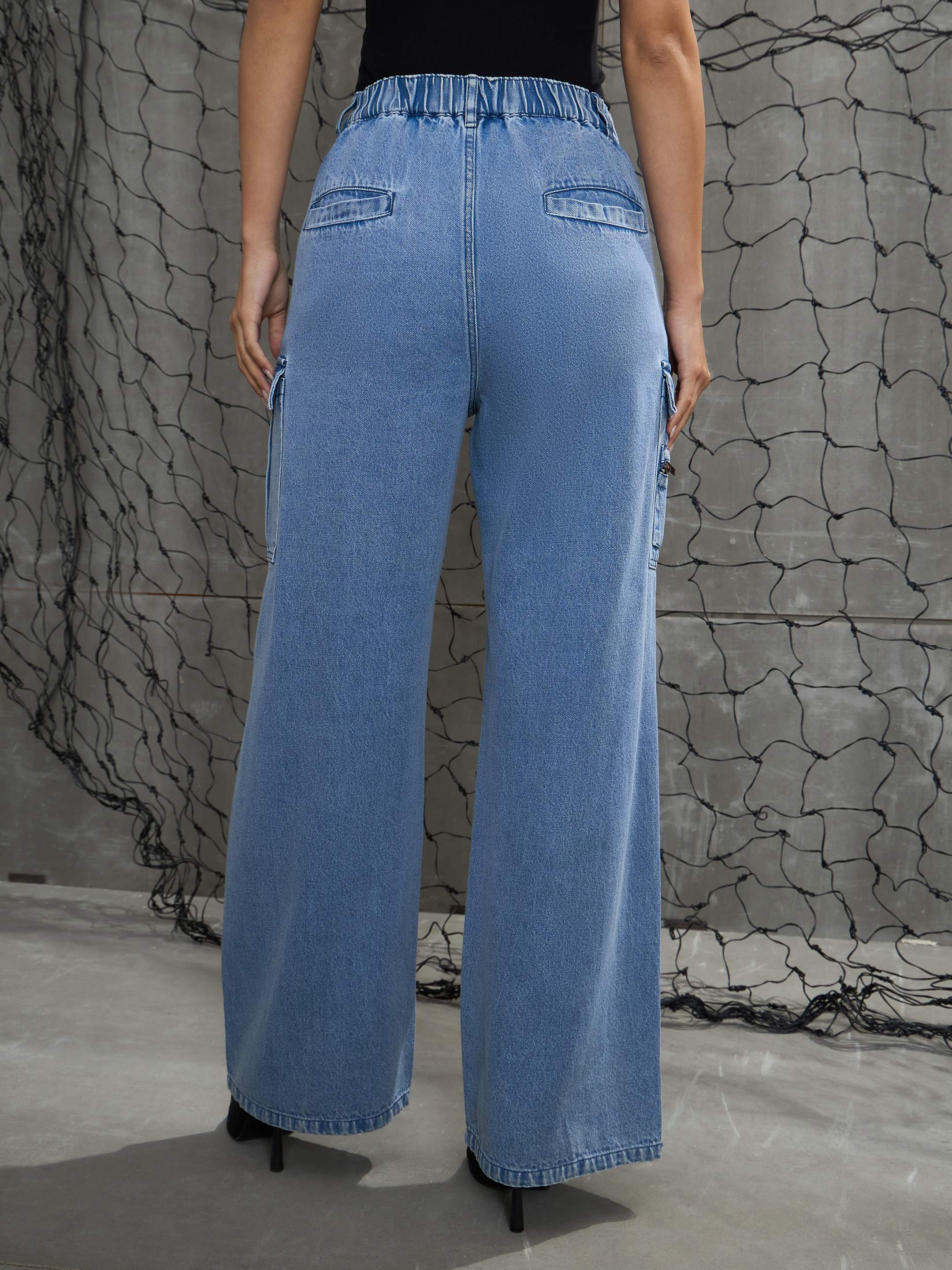 Women Blue Denim Pleated Knee Cargo Jeans-SFJEAN0708