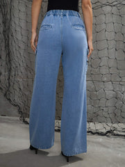 Women Blue Denim Pleated Knee Cargo Jeans-SFJEAN0708