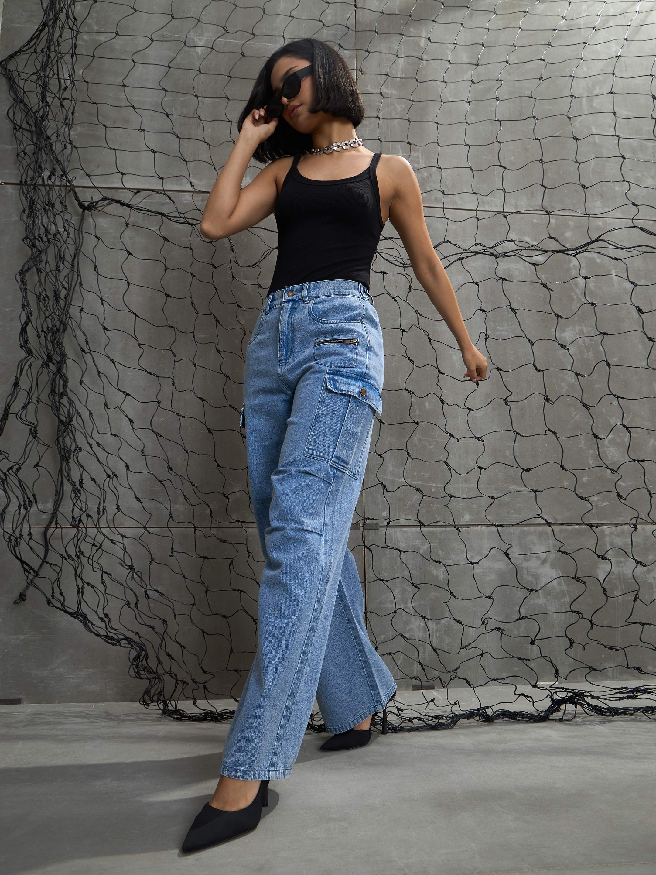 Women Blue Denim Pleated Knee Cargo Jeans-SFJEAN0708