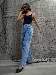 Women Blue Denim Pleated Knee Cargo Jeans-SFJEAN0708