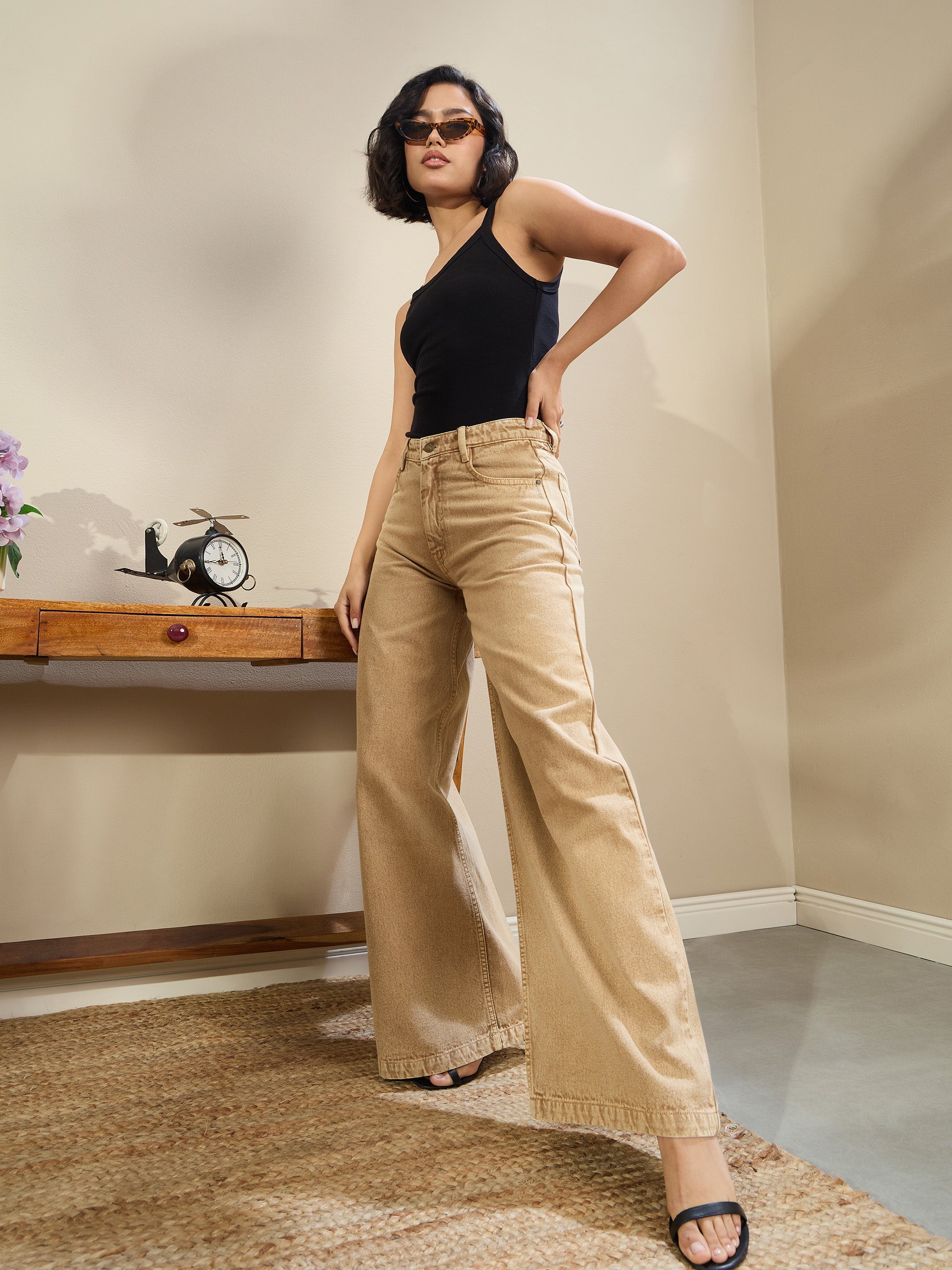 Women Beige Low Waist Wide Leg Baggy Jeans-SFJEAN0712
