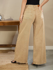 Women Beige Low Waist Wide Leg Baggy Jeans-SFJEAN0712